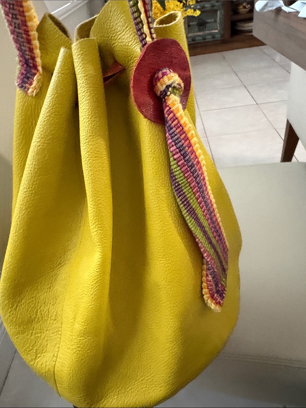 Boho Yellow Leather Drawstring Bucket Bag with Multicolor Strap - Picture 2 of 9